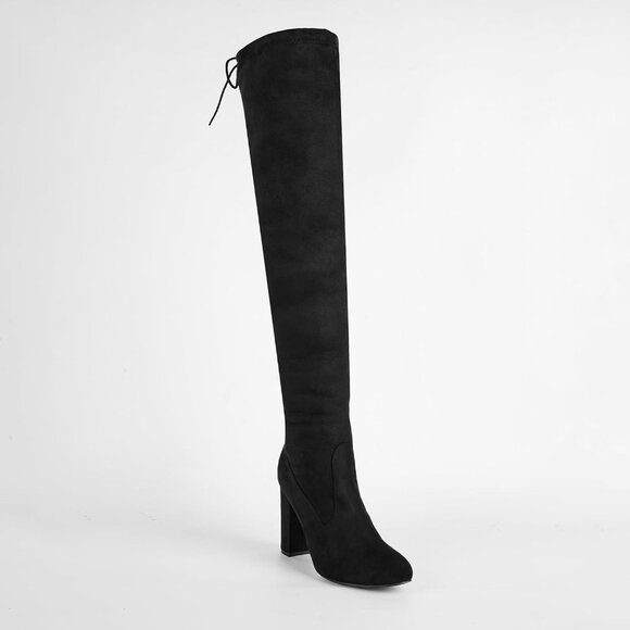 Women's Microfiber Thigh High Block Stiletto Heel Over The Knee Rounded Toe Boot - Picture 2 of 7